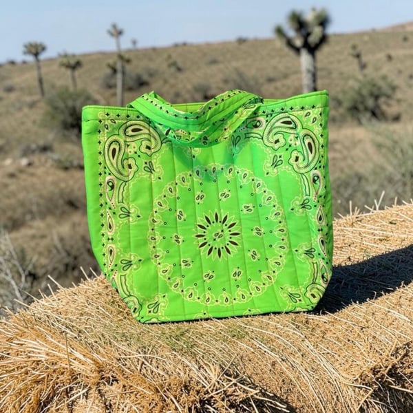 Quilted Bandana Paisley Tote Bag in Neon Green