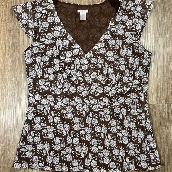 Old Navy Brown&White Floral Flutter Blouse