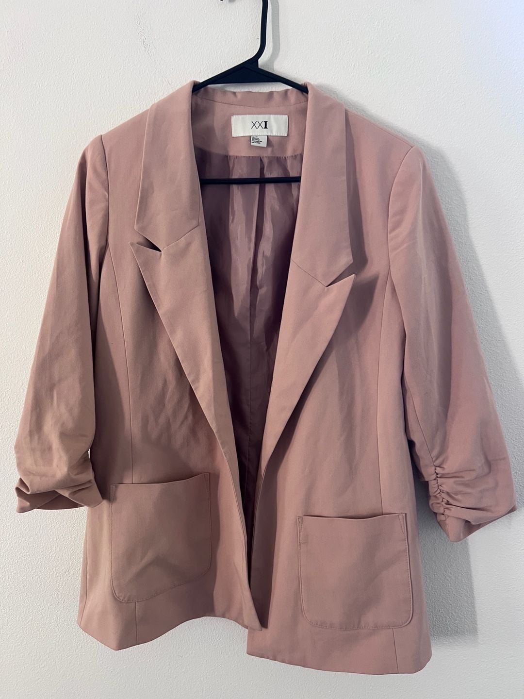 Forever 21 Open Front Ruched 3/4 Sleeve Blazer relaxed size S dusty pink salmon color 2