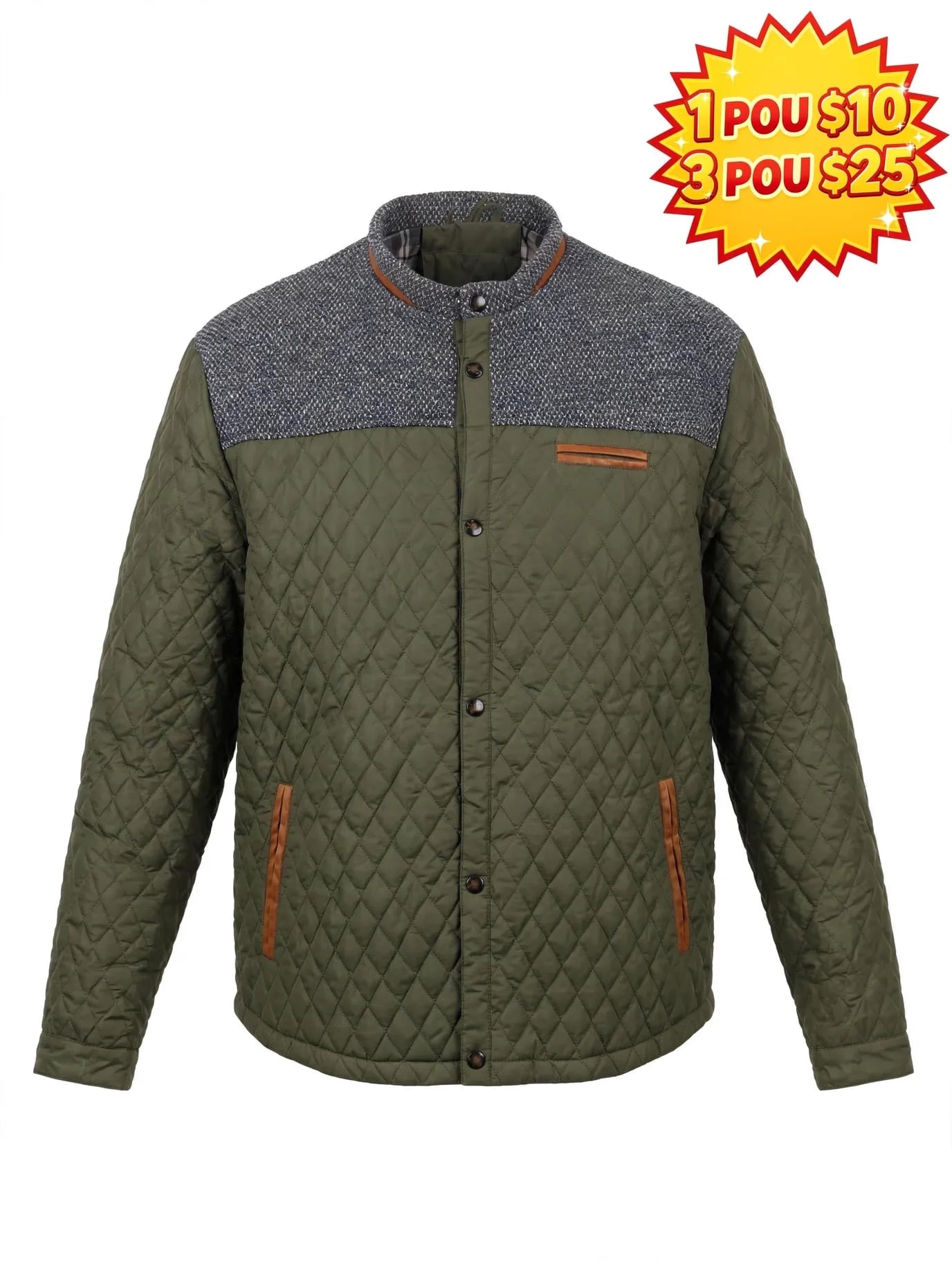 Men's Contrast Yoke Diamond Quilted Snap Button Jacket 2