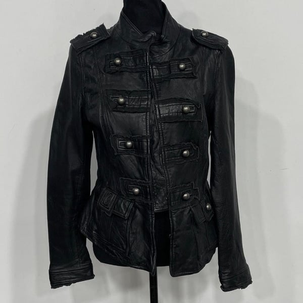 Vintage A|wear Women's Black Real Leather Military Jacket 