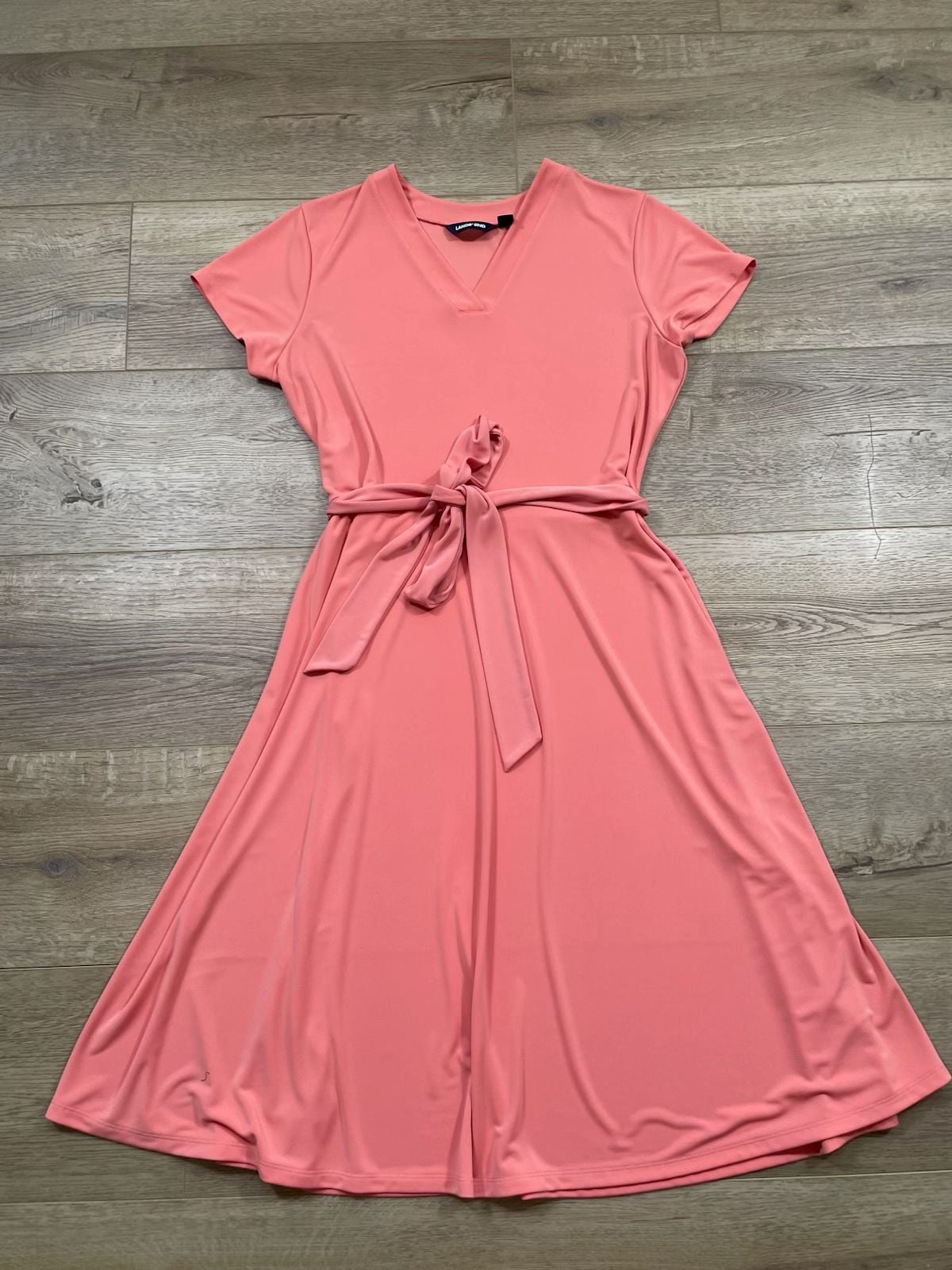 Lands’ End Women’s Coral V-Neck Tie Waist A-Line Midi Dress XL 18 Stretch 3