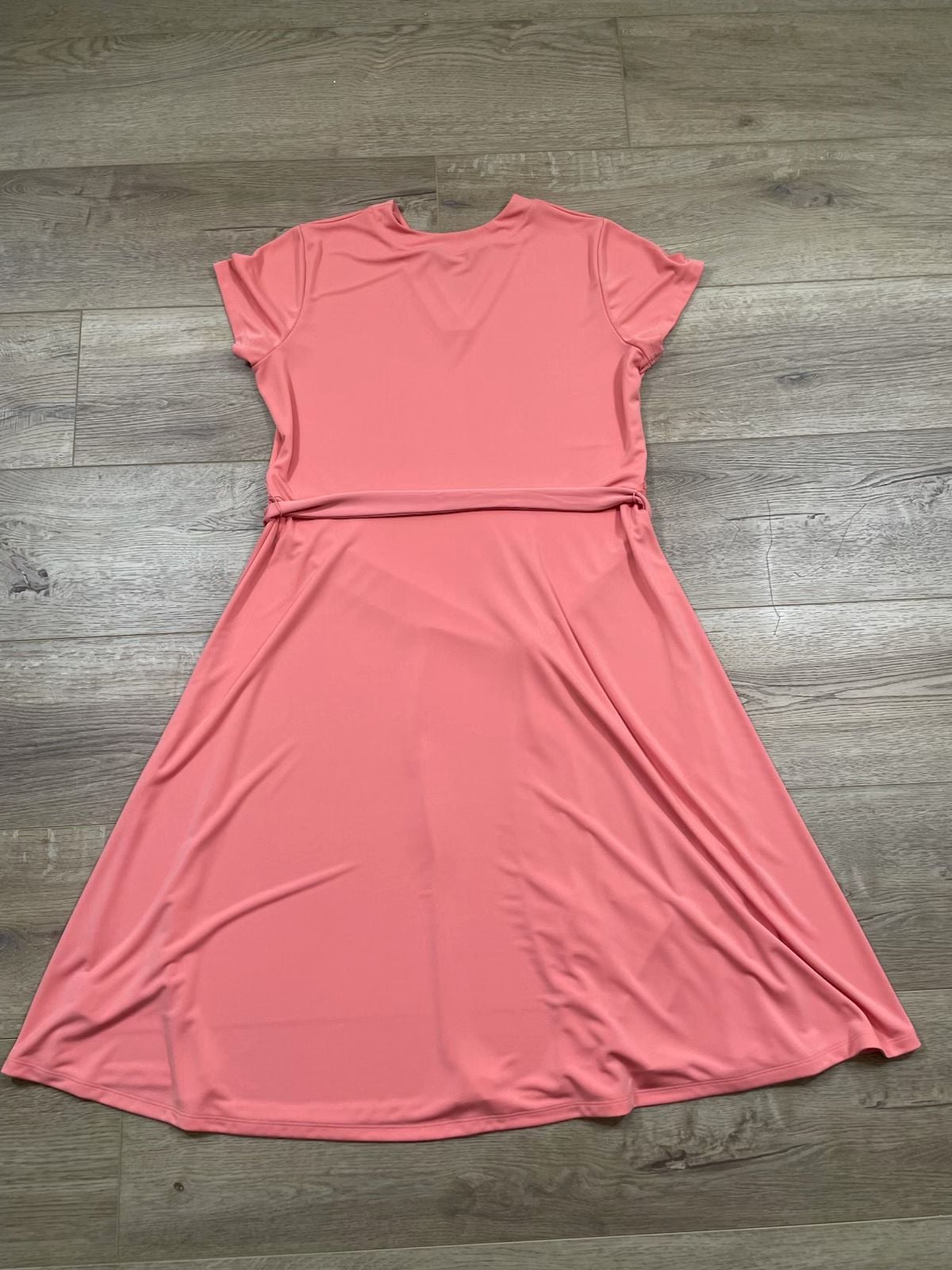 Lands’ End Women’s Coral V-Neck Tie Waist A-Line Midi Dress XL 18 Stretch 4