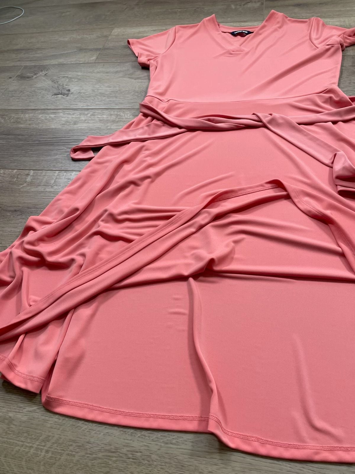 Lands’ End Women’s Coral V-Neck Tie Waist A-Line Midi Dress XL 18 Stretch 5