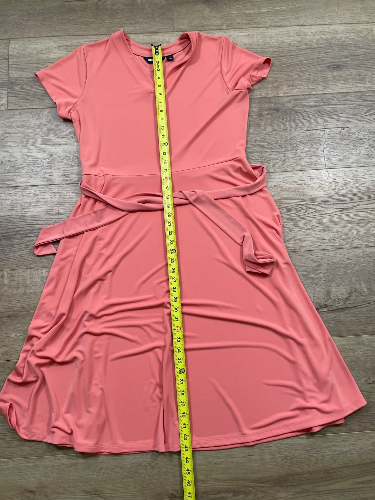 Lands’ End Women’s Coral V-Neck Tie Waist A-Line Midi Dress XL 18 Stretch 6