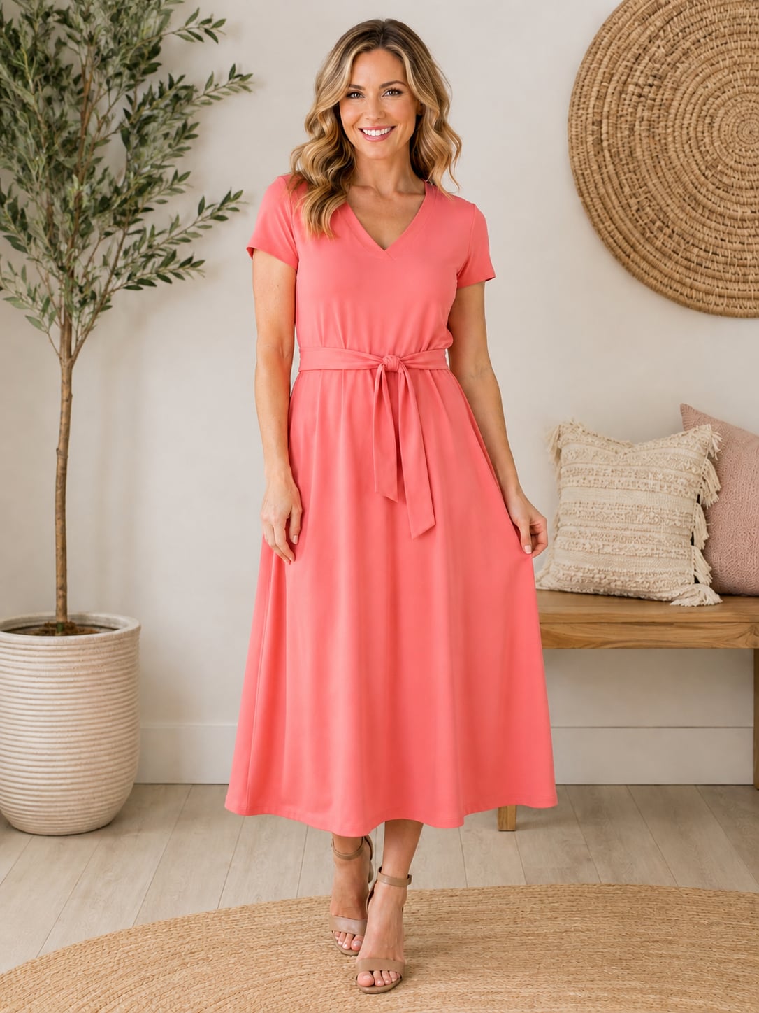 Lands’ End Women’s Coral V-Neck Tie Waist A-Line Midi Dress XL 18 Stretch 2