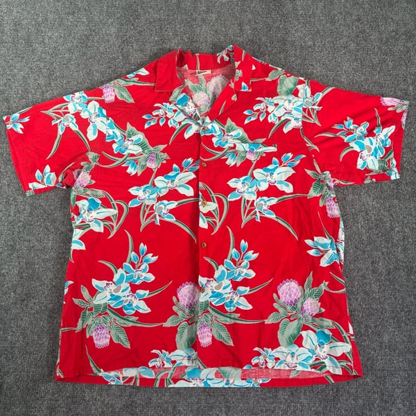 Vintage Paradise Found MAGNUM PI Aloha Hawaiian Shirt Red Floral Men's Large USA