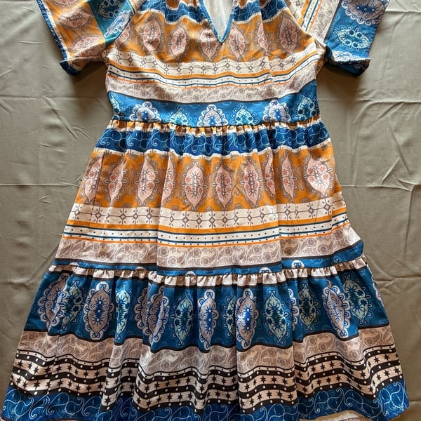 Bohemian Style Southwestern Print Short Sleeve Tiered