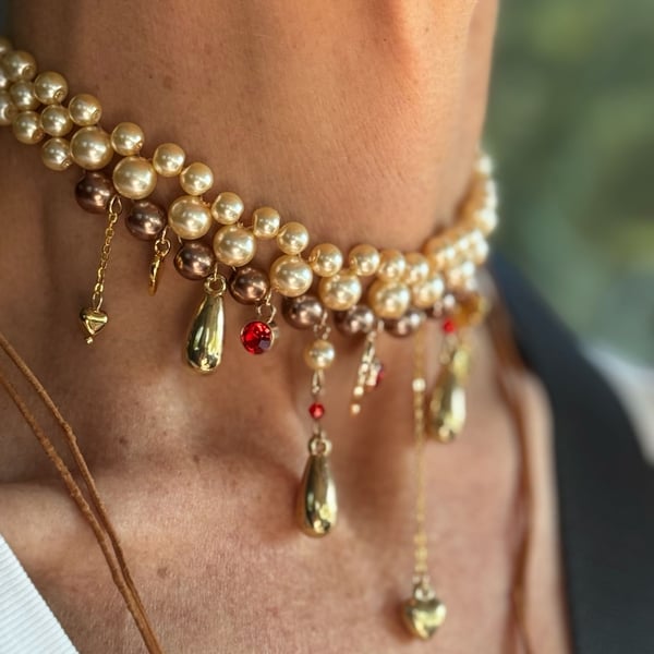 Renaissance-Style Multi-Strand Pearl and Gold Charm Choker Necklace with Heart and Teardrop Pendants