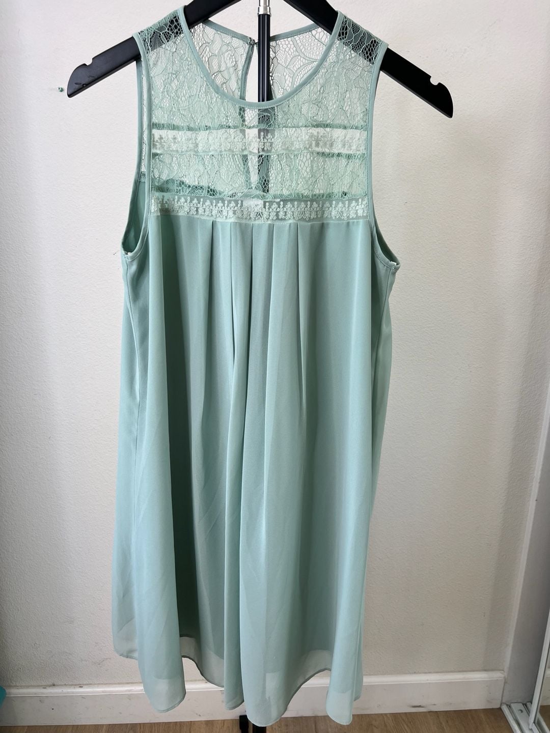 BCBGeneration Babydoll Sage Green Pleated Chiffon Dress with Lace Yoke Detail 3
