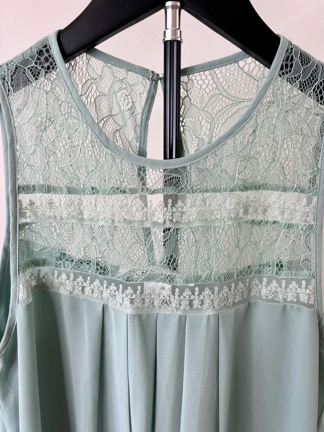 BCBGeneration Babydoll Sage Green Pleated Chiffon Dress with Lace Yoke Detail 4