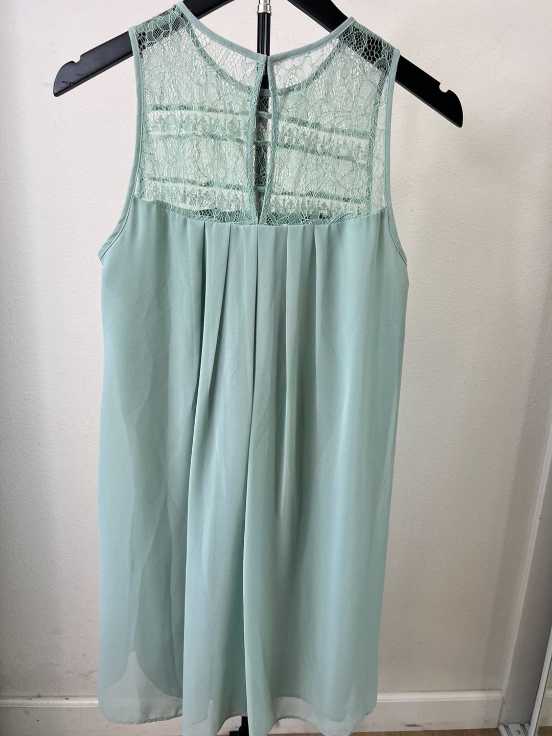 BCBGeneration Babydoll Sage Green Pleated Chiffon Dress with Lace Yoke Detail 5