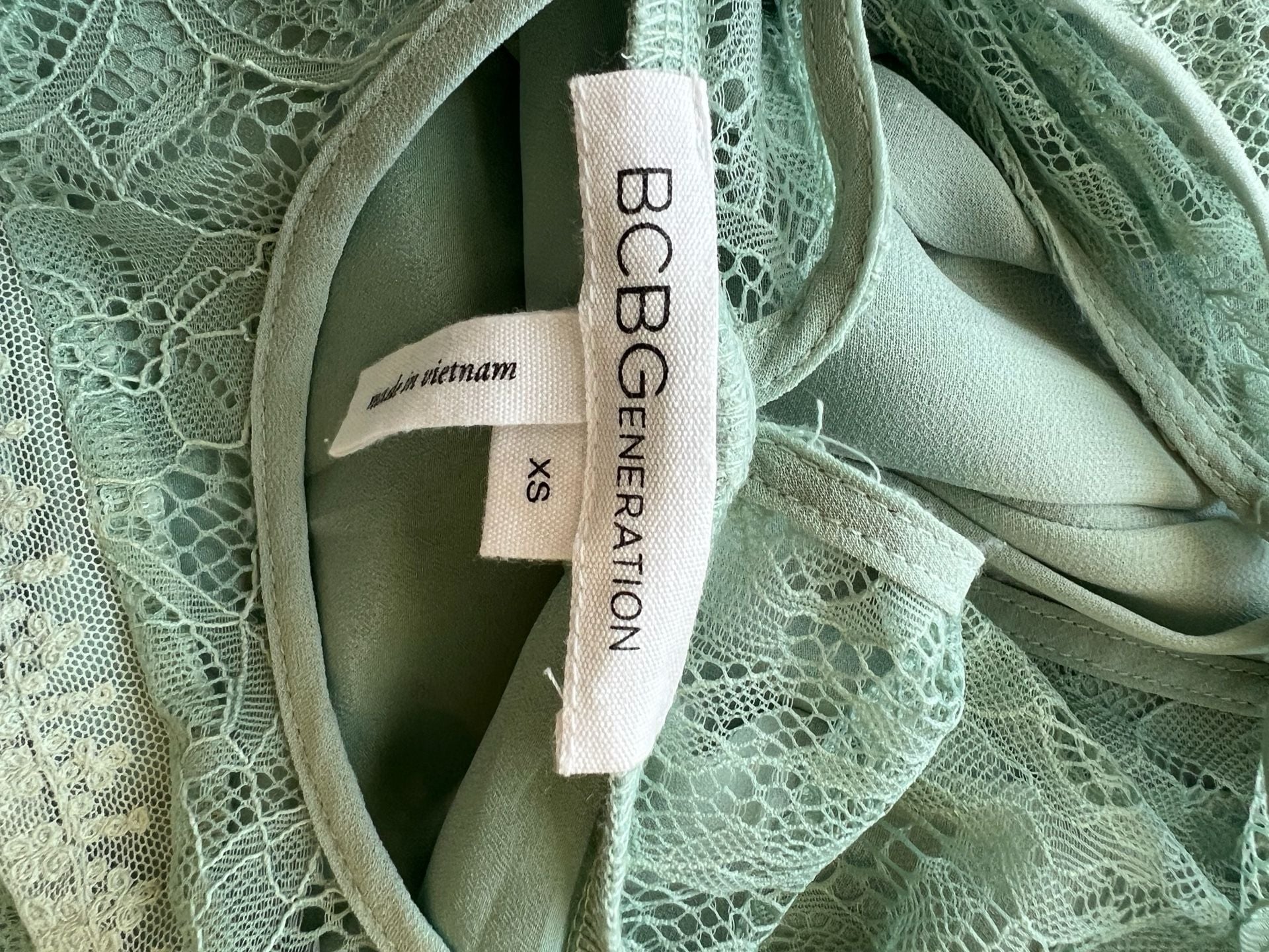 BCBGeneration Babydoll Sage Green Pleated Chiffon Dress with Lace Yoke Detail 6