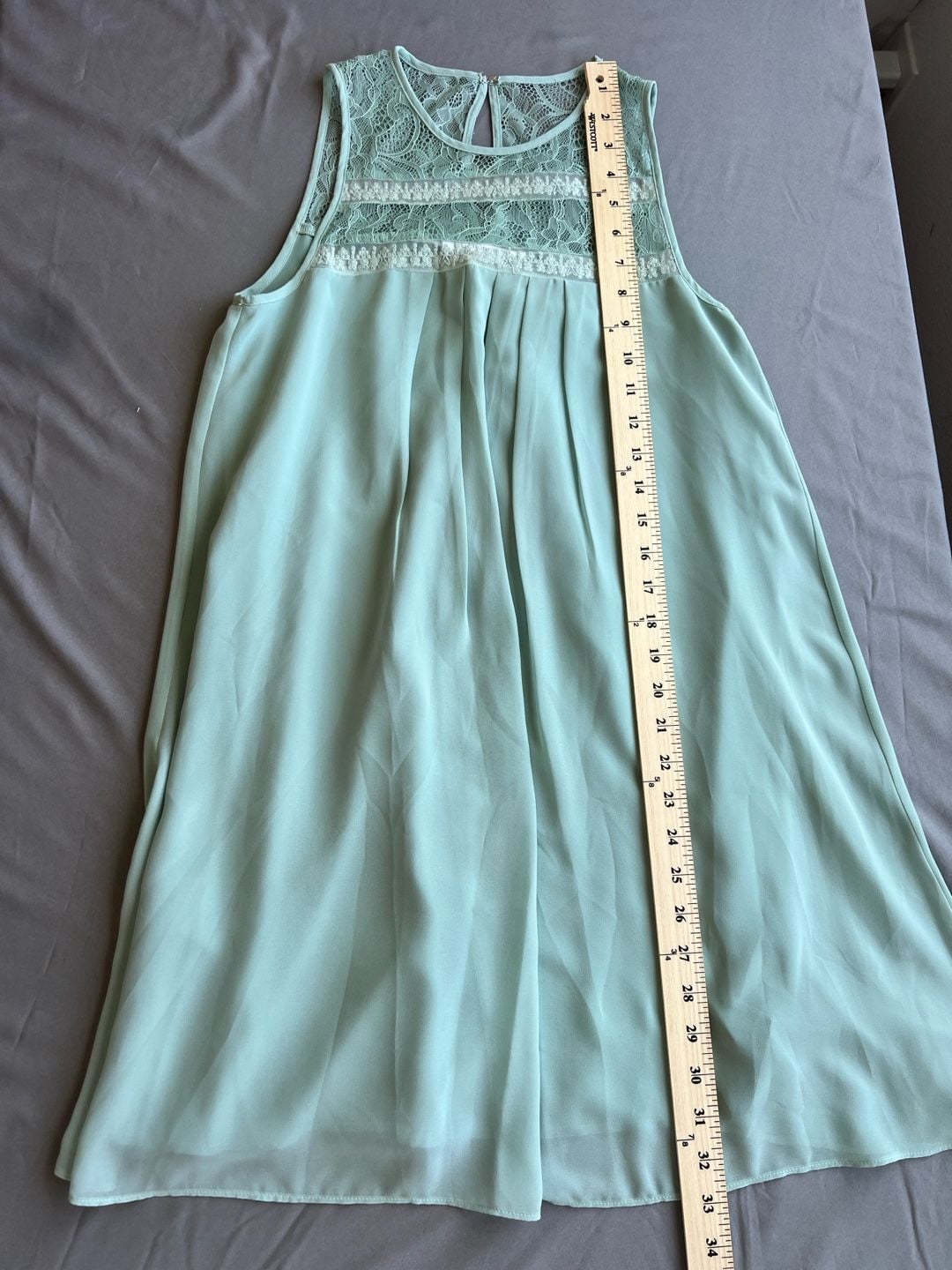 BCBGeneration Babydoll Sage Green Pleated Chiffon Dress with Lace Yoke Detail 9