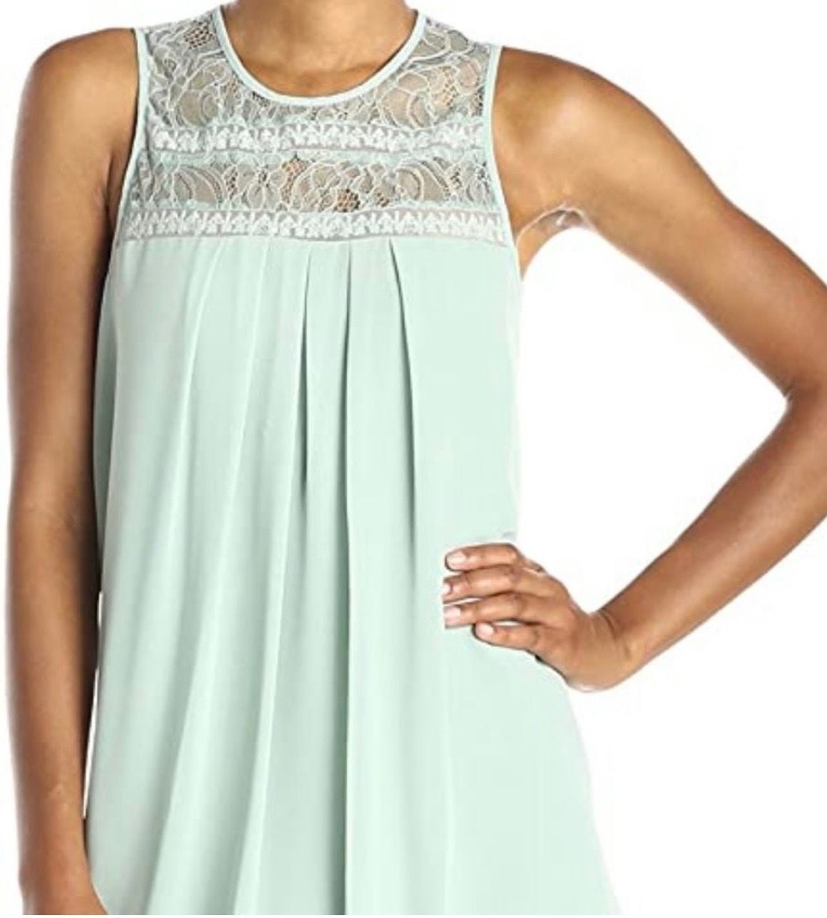 BCBGeneration Babydoll Sage Green Pleated Chiffon Dress with Lace Yoke Detail 2