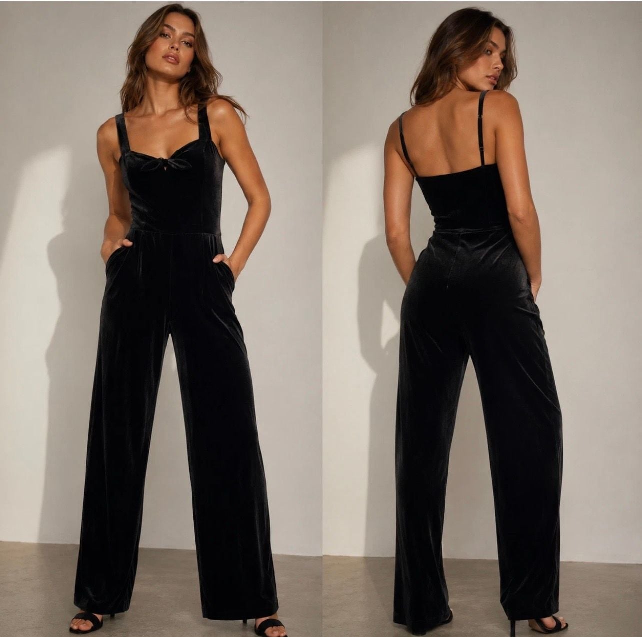 Abercrombie & Fitch Black Velvet Sleeveless Jumpsuit with Bow Detail 2