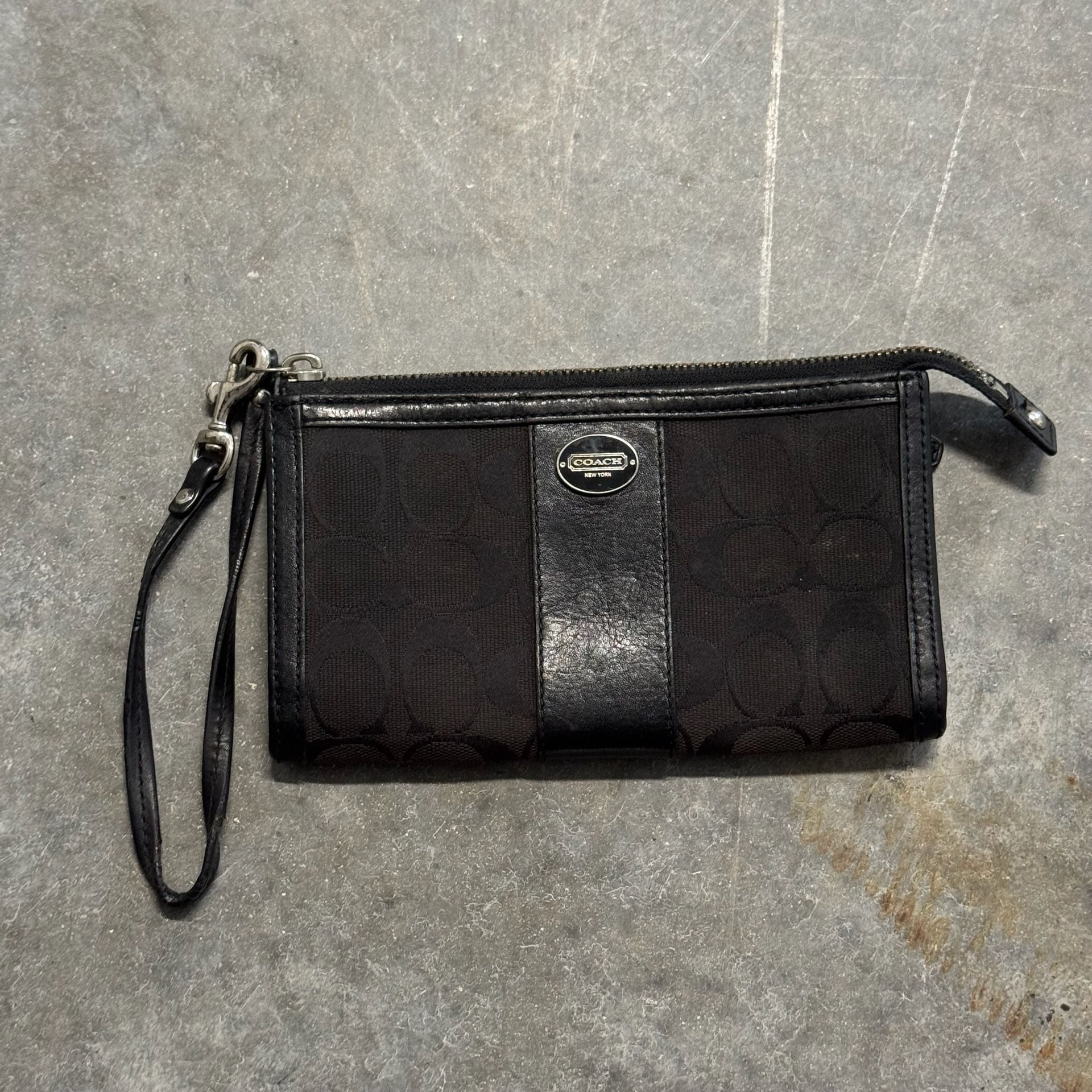 Coach Signature Monogram Canvas and Leather Wristlet Wallet Front Logo Plate 2