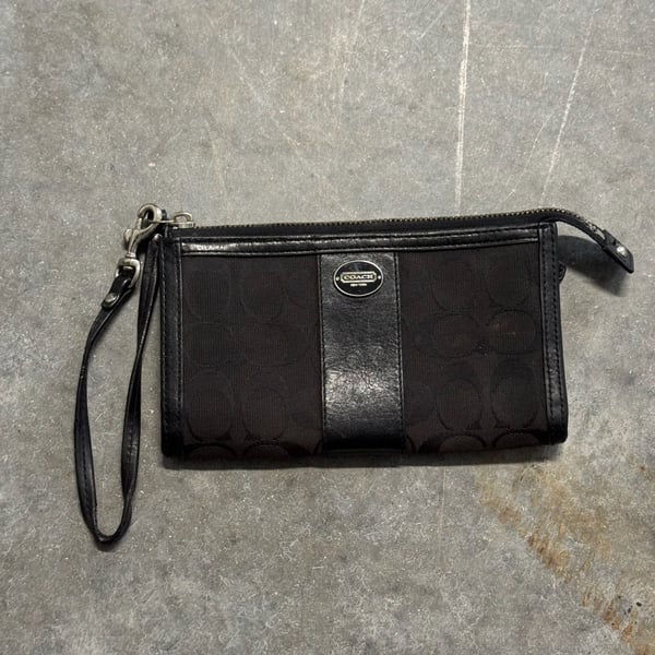 Coach Signature Monogram Canvas and Leather Wristlet Wallet Front Logo Plate