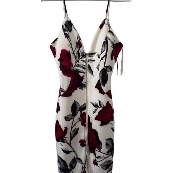 Haute Monde White and Red Floral Rose Print Zip-Front Mini Dress