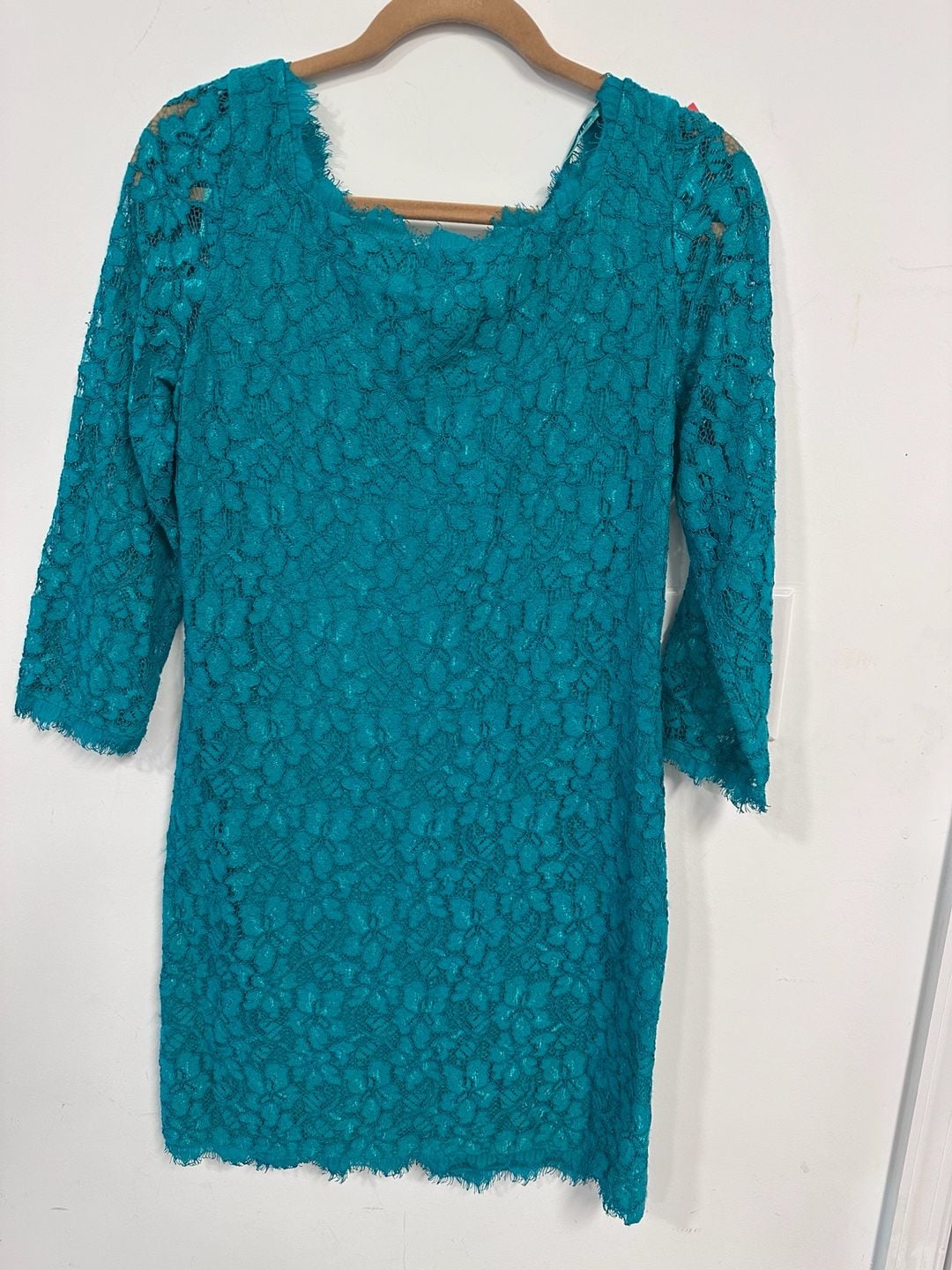 Diane Von Furstenberg Teal Lace Three-Quarter Sleeve Cocktail Dress Size 10 3
