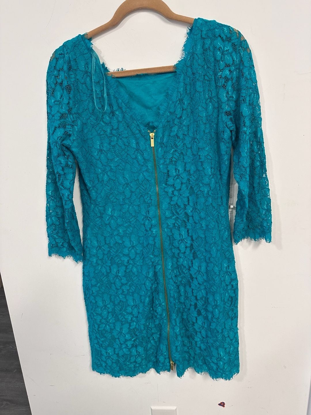 Diane Von Furstenberg Teal Lace Three-Quarter Sleeve Cocktail Dress Size 10 4