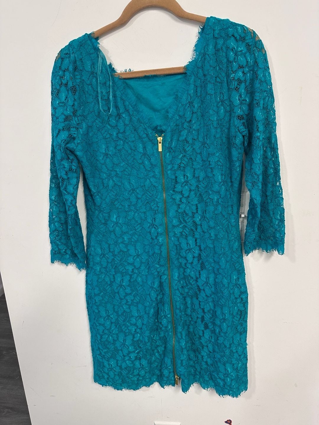 Diane Von Furstenberg Teal Lace Three-Quarter Sleeve Cocktail Dress Size 10 5