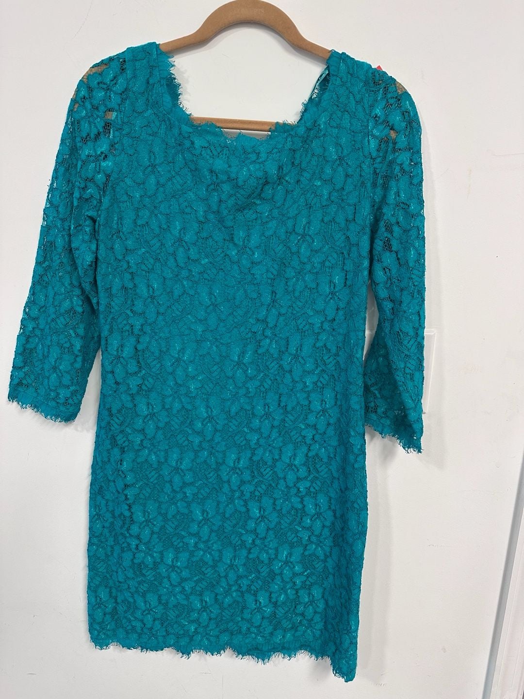 Diane Von Furstenberg Teal Lace Three-Quarter Sleeve Cocktail Dress Size 10 6