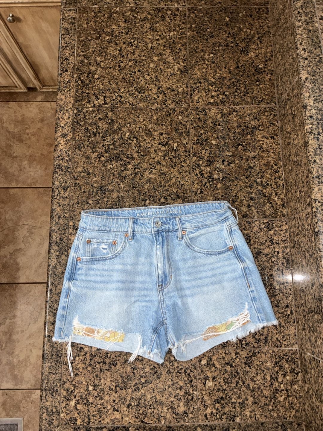 American Eagle Women's Light Wash Distressed Denim Cutoff Shorts with Sunflower Patchwork Detail, Size 2 2