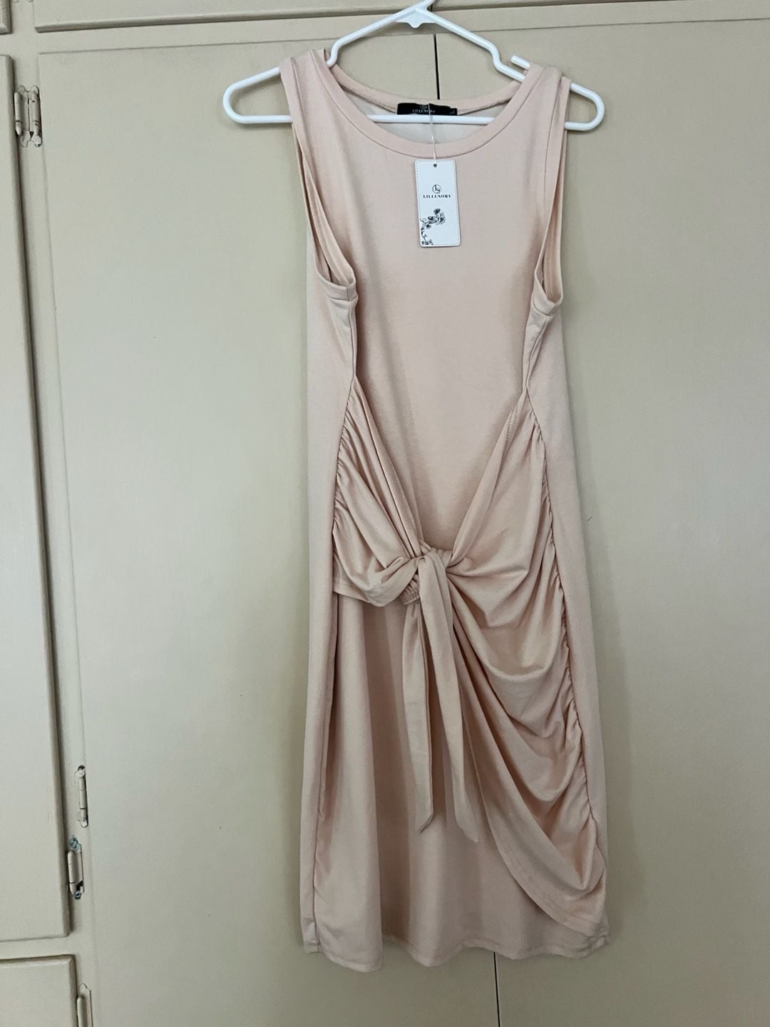 Lillusory Sleeveless Ruched Knot-Front Midi Dress in Beige Size L NWT 4