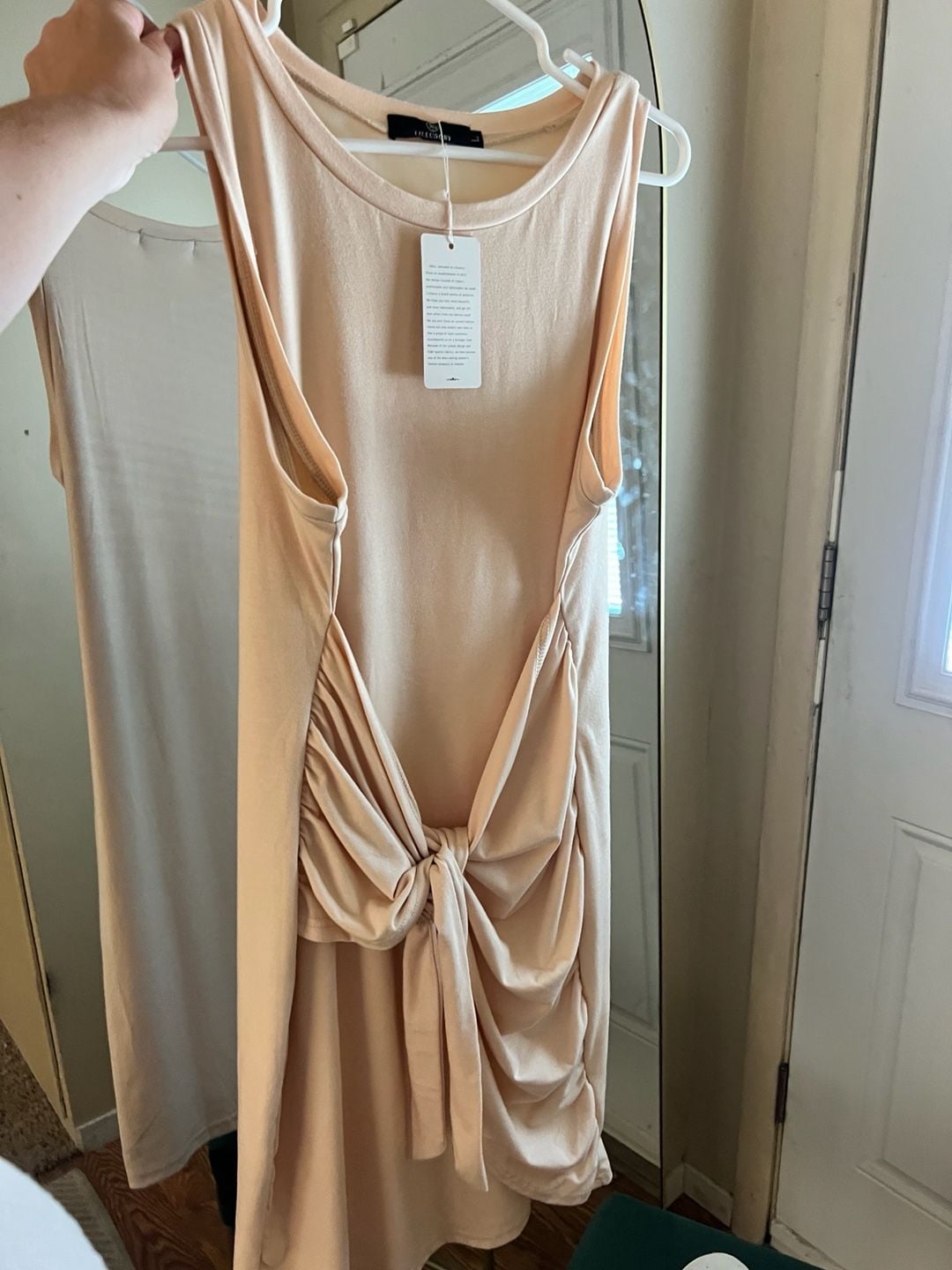 Lillusory Sleeveless Ruched Knot-Front Midi Dress in Beige Size L NWT 3