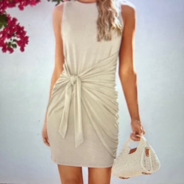 Lillusory Sleeveless Ruched Knot-Front Midi Dress in Beige Size L NWT