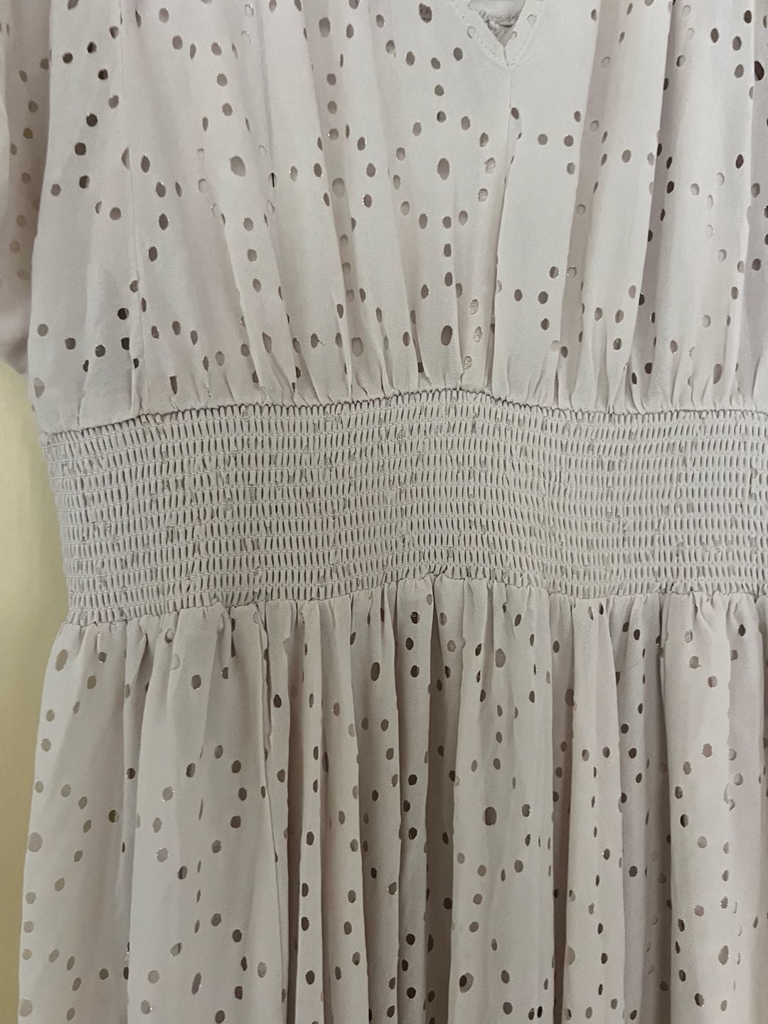 Lovestitch Women's Beige Perforated Dot Pattern Smocked Waist Midi Dress Size L 6