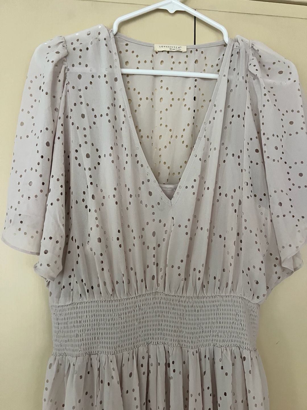 Lovestitch Women's Beige Perforated Dot Pattern Smocked Waist Midi Dress Size L 3