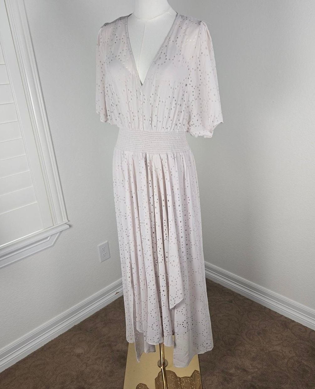 Lovestitch Women's Beige Perforated Dot Pattern Smocked Waist Midi Dress Size L 2