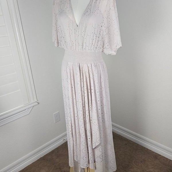 Lovestitch Women's Beige Perforated Dot Pattern Smocked Waist Midi Dress Size L