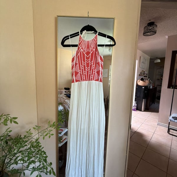 Jealous Tomato Geometric Print Halter Maxi Dress in Orange and White, Size Small
