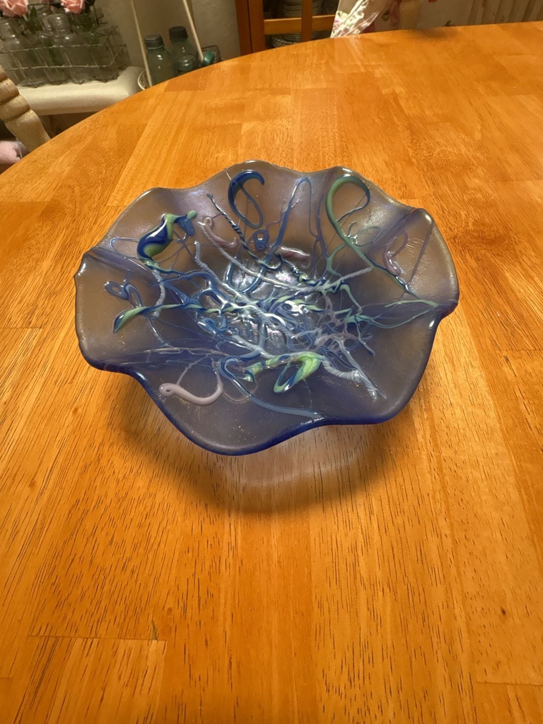 Hand Blown Blue Art Glass Ruffle Edge Bowl with Ribbon Accents 1