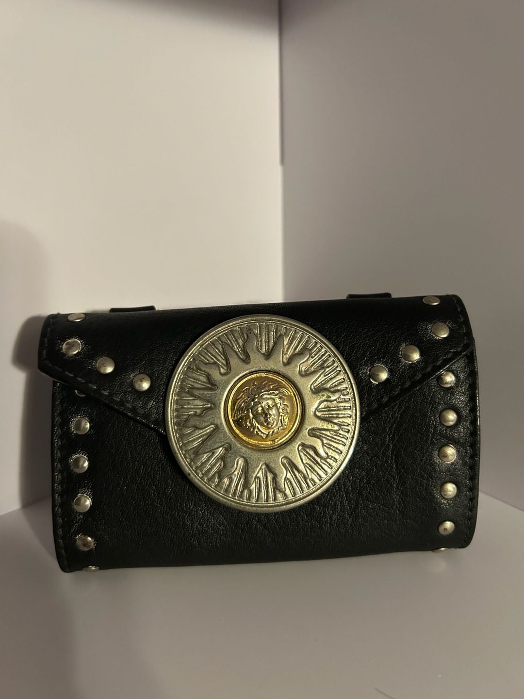 Vintage Gianni Versace F/W 1994 Studded Black Leather Mini Belt Bag with Medusa 2