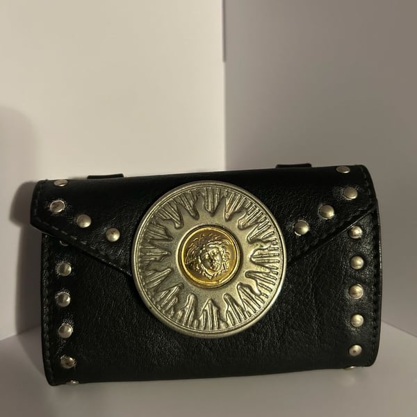 Vintage Gianni Versace F/W 1994 Studded Black Leather Mini Belt Bag with Medusa
