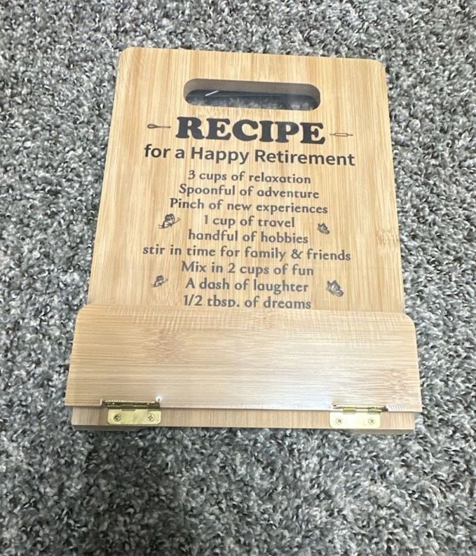 Recipe for a Happy Retirement Bamboo Cutting Board with Stand 1
