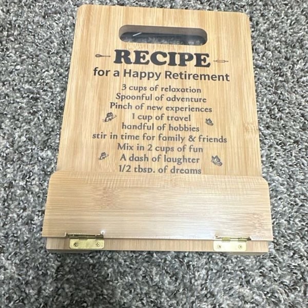 Recipe for a Happy Retirement Bamboo Cutting Board with Stand