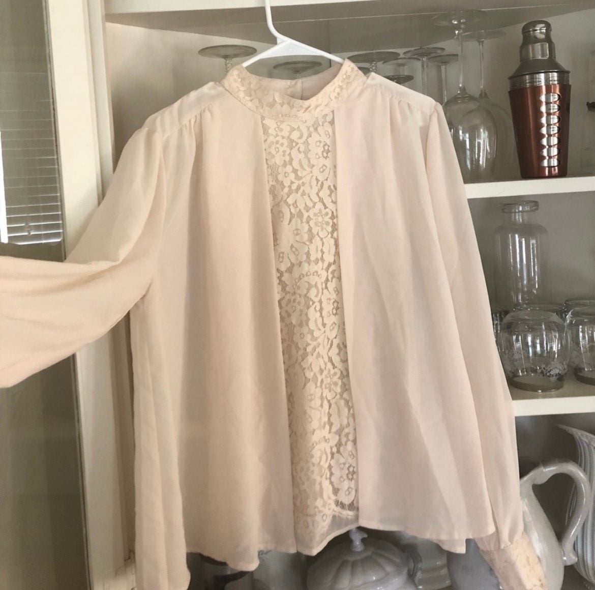Topshop Cream Chiffon Blouse with Lace Panel Inset and Button Cuffs 2