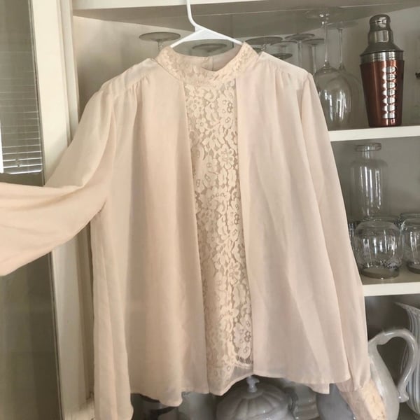 Topshop Cream Chiffon Blouse with Lace Panel Inset and Button Cuffs