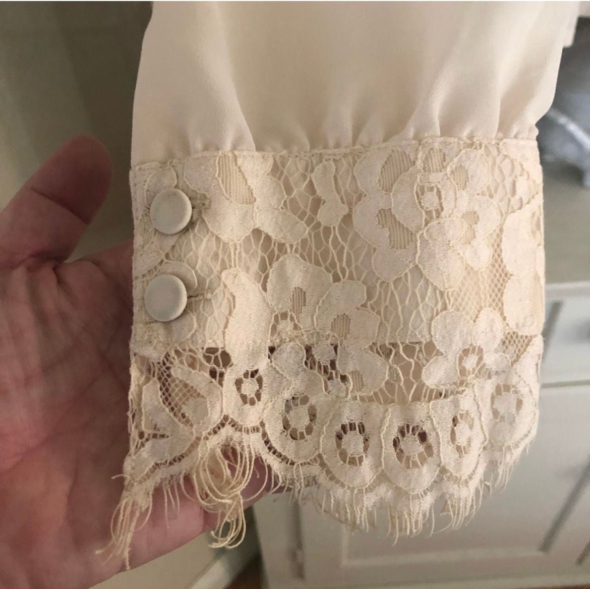 Topshop Cream Chiffon Blouse with Lace Panel Inset and Button Cuffs 3