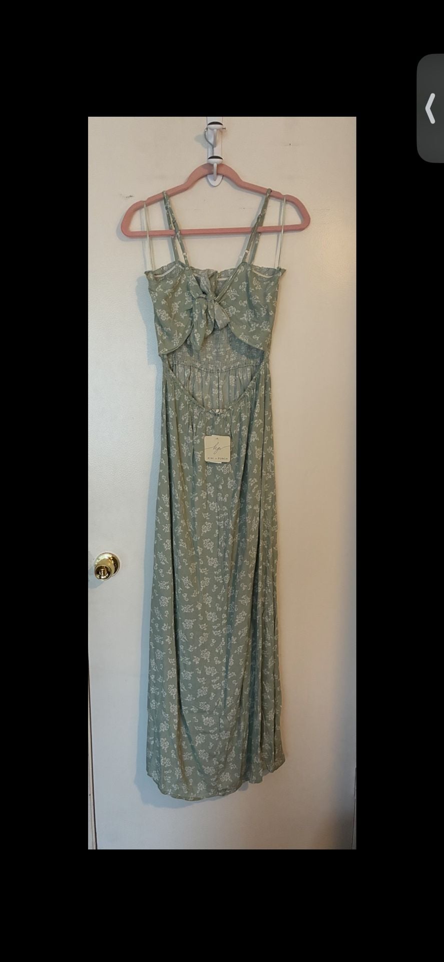 Kiwi + Punch LMD8383 Floral Tie in the back Smocked Maxi Dress in Artichoke with slits on both sides 3