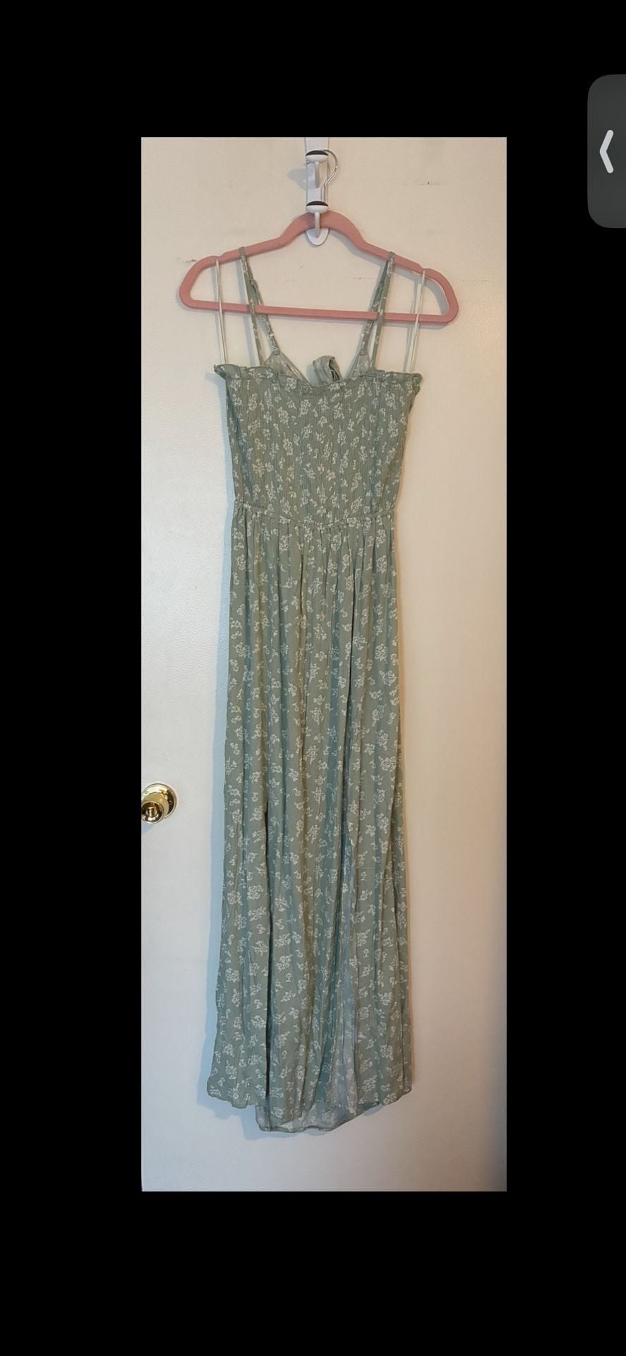 Kiwi + Punch LMD8383 Floral Tie in the back Smocked Maxi Dress in Artichoke with slits on both sides 2