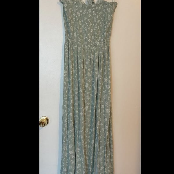 Kiwi + Punch LMD8383 Floral Tie in the back Smocked Maxi Dress in Artichoke with slits on both sides 