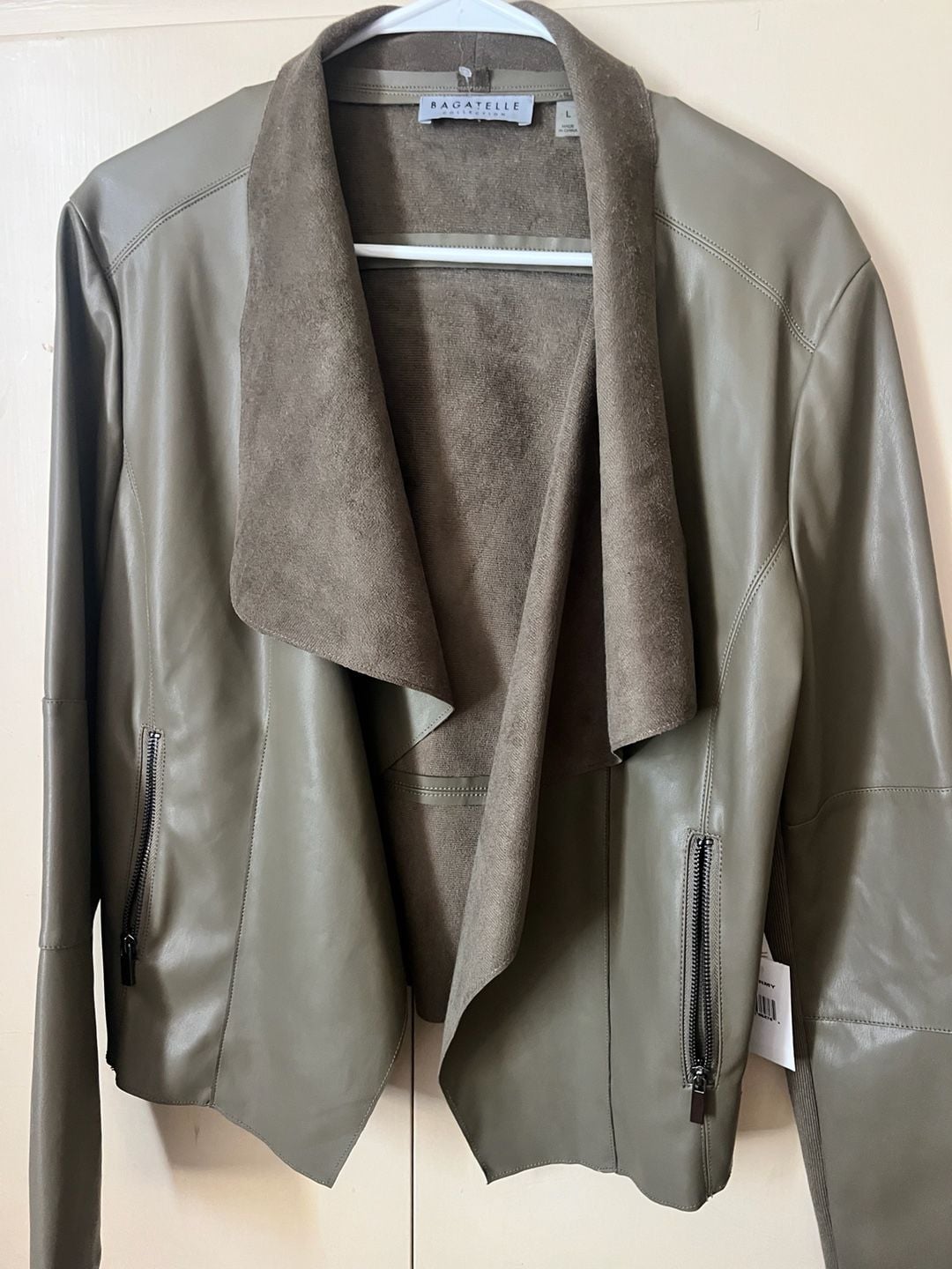 Bagatelle Collection Olive Green Faux Leather Open Front Drape Jacket NWT size L 15