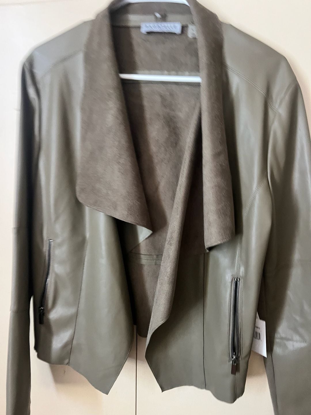 Bagatelle Collection Olive Green Faux Leather Open Front Drape Jacket NWT size L 16