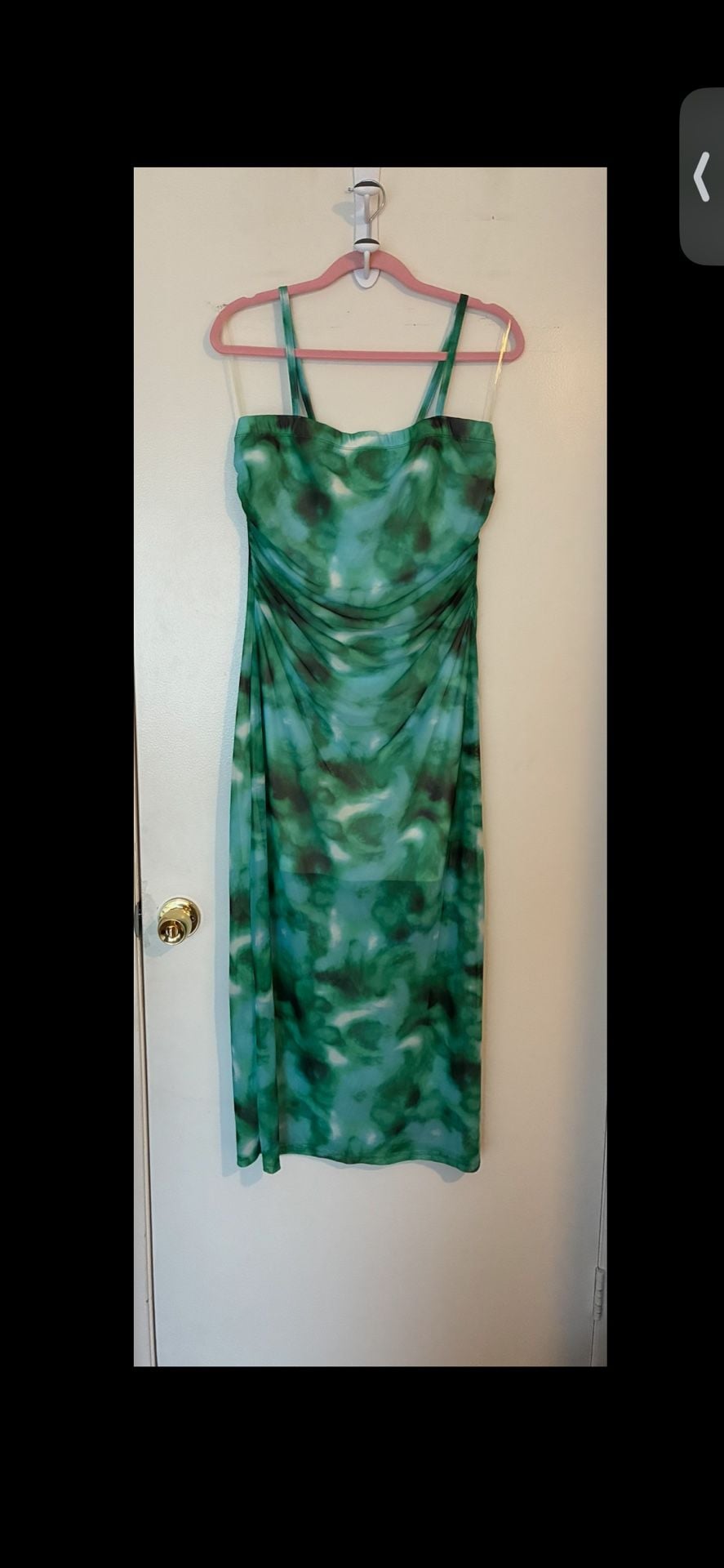 B. Famous NYC Women's Ruched Mesh Spaghetti Strap Midi Dress in Green Tie-Dye 2